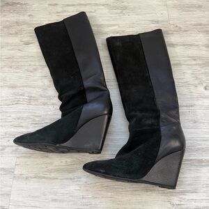 Ted Baker Black Suede & Leather Wedge Knee-High Boots